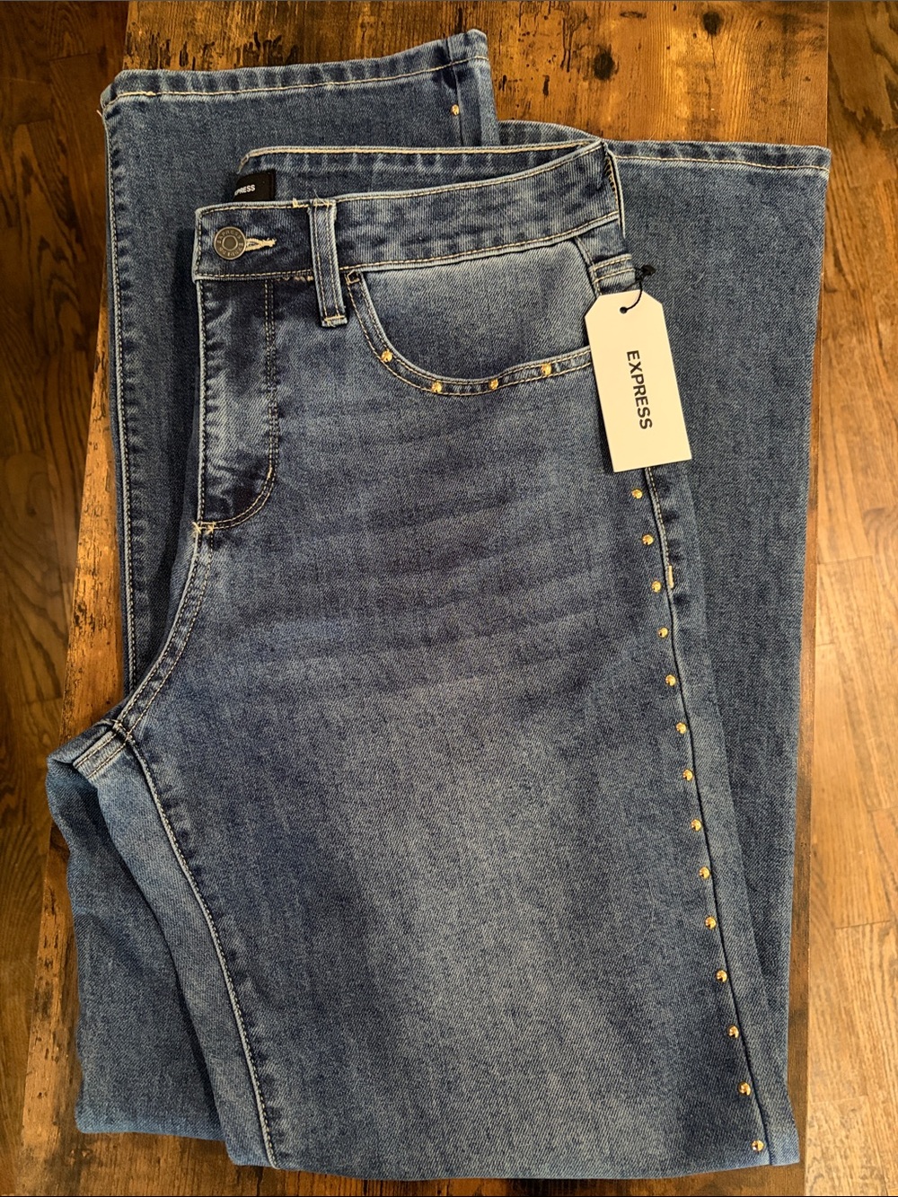 Express High-Rise Blue Jeans with Gold Stud Trim
